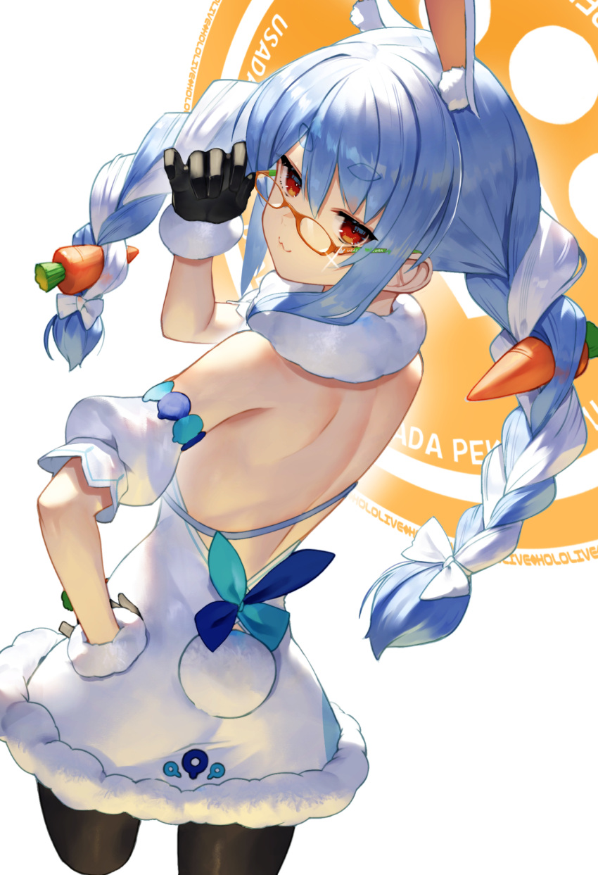 1girl :3 animal_ear_fluff animal_ears bare_back bespectacled black_gloves blue_hair braid bunny_tail carrot_hair_ornament character_name closed_mouth cowboy_shot cropped_legs detached_sleeves dress eyebrows_visible_through_hair food_themed_hair_ornament fur_trim glasses glint gloves hair_between_eyes hair_ornament hand_on_hip highres hololive jitome long_hair looking_at_viewer looking_back multicolored_hair orange_eyewear puffy_short_sleeves puffy_sleeves rabbit_ears red_eyes scarf short_sleeves sidelocks solo sukocchi tail twin_braids two-tone_hair usada_pekora very_long_hair virtual_youtuber white_background white_dress