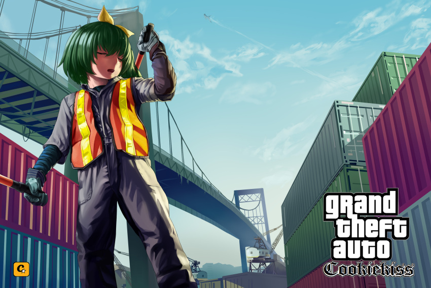 1boy 1girl alternate_costume bangs bow bridge closed_eyes clouds commentary_request cookie_(touhou) cowboy_shot crane_(machine) daiyousei diyusi_(cookie) from_below gloves grand_theft_auto grand_theft_auto:_san_andreas green_hair green_shirt grey_gloves grey_jumpsuit hair_between_eyes hair_bow high-visibility_vest highres hinase_(cookie) holding long_sleeves looking_to_the_side manatsu_no_yo_no_inmu medium_hair megafaiarou_(talonflame_810) nude open_mouth shipping_container shirt side_ponytail sky solo_focus standing touhou when_you_see_it yajuu_senpai yellow_bow