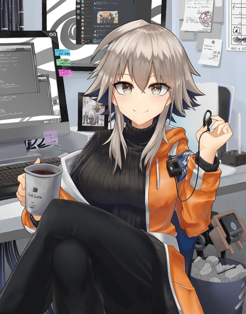 1girl absurdres arknights bangs black_legwear breasts brown_eyes calendar_(object) crossed_legs crumpled_paper cup desk discord earphones feet_out_of_frame game_console group_picture hair_between_eyes highres holding holding_cup holding_earphones jacket keyboard_(computer) mayer_(arknights) meeboo_(arknights) monitor nanamilem off_shoulder open_clothes open_jacket orange_jacket pantyhose paper picture_(object) playstation_5 rhine_lab_logo ribbed_sweater short_hair short_hair_with_long_locks silver_hair sitting smile sticky_note sweater trash_can turtleneck turtleneck_sweater