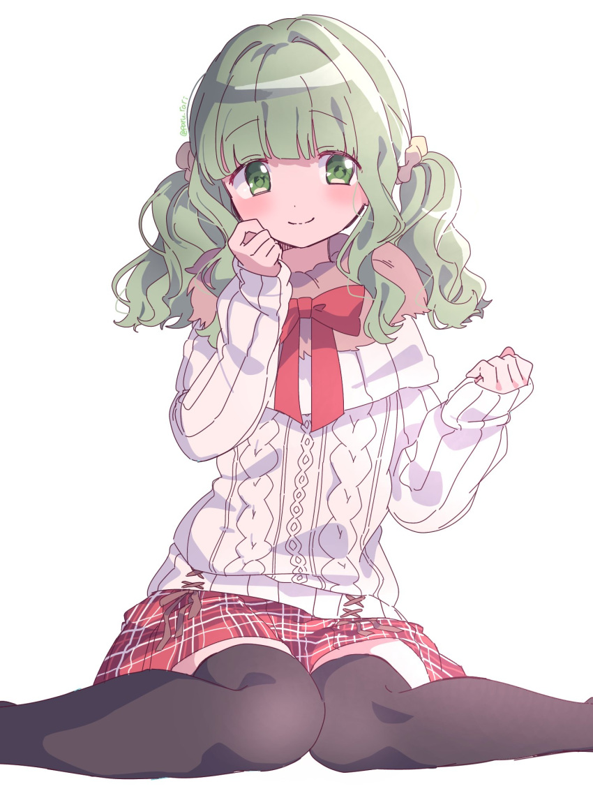 1girl aran_sweater bangs beige_sweater black_legwear blunt_bangs cable_knit clenched_hands closed_mouth cross-laced_clothes curly_hair dot_nose eyebrows_visible_through_hair facing_viewer feet_out_of_frame full_body fur_collar fur_trim futaba_sana green_eyes green_hair hand_on_own_cheek hand_on_own_face hand_up happy highres knees_together_feet_apart light_blush light_smile looking_to_the_side magia_record:_mahou_shoujo_madoka_magica_gaiden mahou_shoujo_madoka_magica neck_ribbon on_floor paru_rari plaid plaid_skirt red_neckwear red_ribbon red_skirt ribbon scrunchie shiny shiny_hair sidelocks simple_background sitting skirt sleeves_past_wrists solo sweater tareme thigh-highs twintails twitter_username white_background winter_clothes yellow_scrunchie zettai_ryouiki