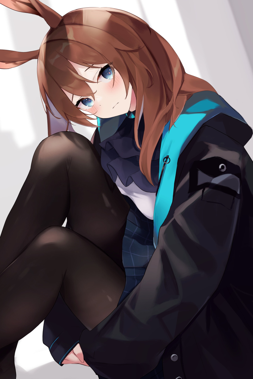 1girl absurdres amiya_(arknights) animal_ears arknights bangs black_jacket black_legwear black_skirt blue_eyes blush brown_hair closed_mouth commentary eyebrows_visible_through_hair feet_out_of_frame hair_between_eyes head_tilt highres hood hood_down hooded_jacket jacket knees_up long_hair long_sleeves looking_at_viewer mizu_(lzzrwi603) open_clothes open_jacket pantyhose pleated_skirt puffy_long_sleeves puffy_sleeves rabbit_ears shirt skirt sleeves_past_wrists solo white_shirt