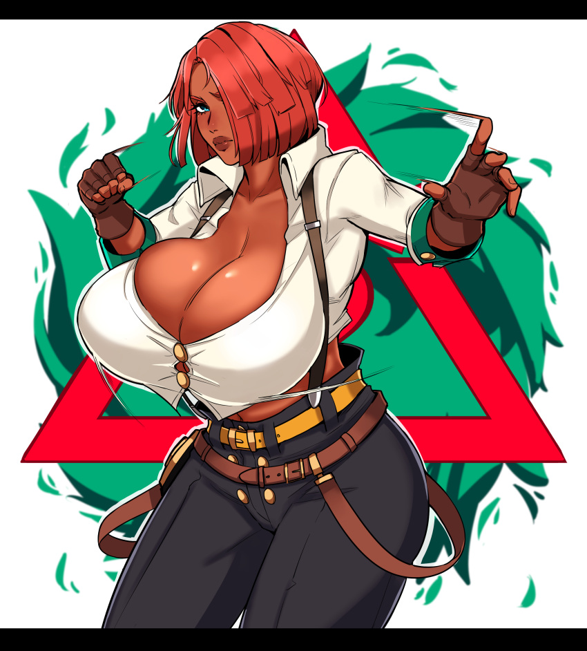 1girl absurdres alecto_0 belt black_pants blue_eyes breasts brown_belt clenched_hand dark_skin dark-skinned_female fighting_stance giovanna_(guilty_gear) gold_belt guilty_gear guilty_gear_strive hair_over_one_eye highres huge_breasts pants police_badge suspenders thighs triangle white_background