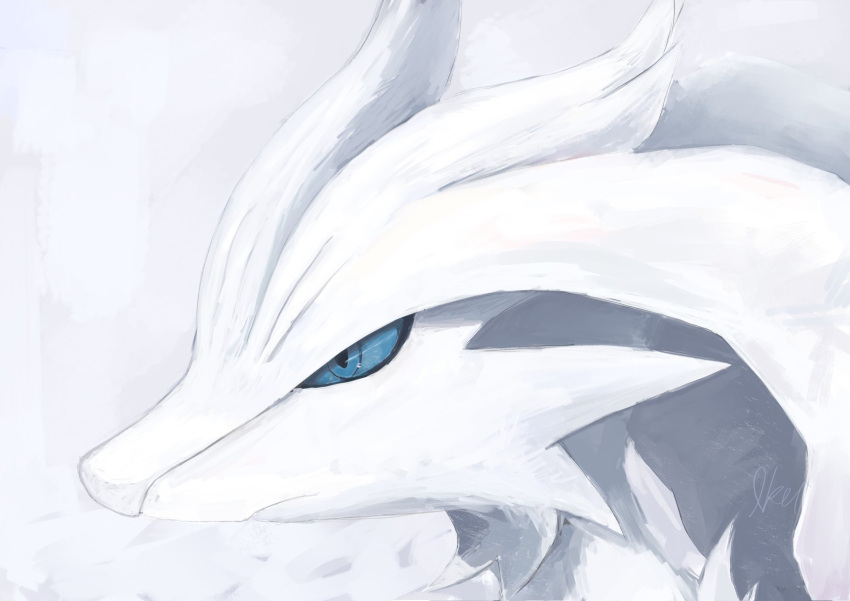 artist_name blue_eyes closed_mouth commentary english_commentary face from_side gen_5_pokemon highres ikei jpeg_artifacts legendary_pokemon mixed-language_commentary no_humans pokemon pokemon_(creature) reshiram signature simple_background solo white_background white_theme