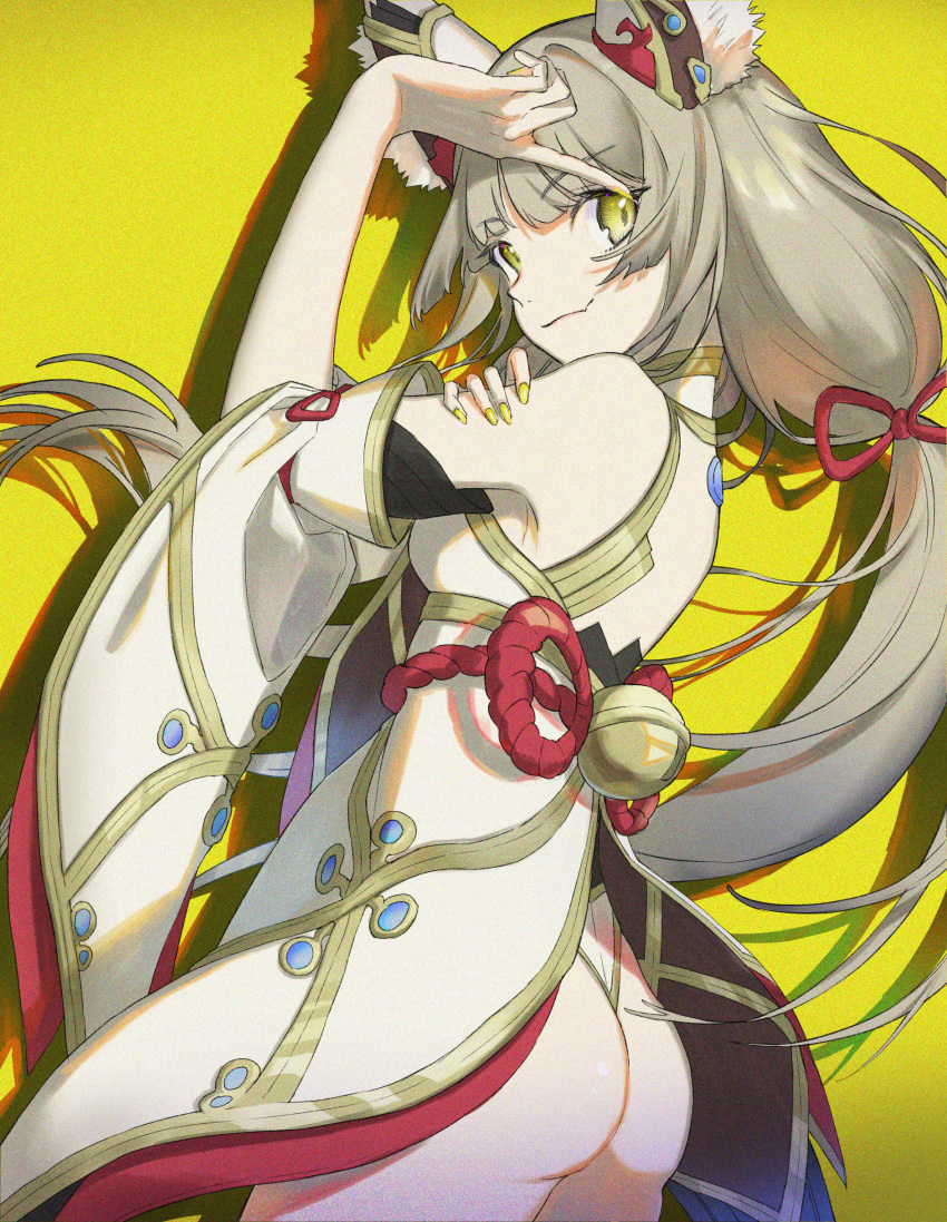 1girl absurdres animal_ear_fluff animal_ears ass bare_shoulders breasts cat_ears detached_sleeves fujie-yz grey_hair highres huge_filesize leotard long_hair long_sleeves looking_at_viewer looking_back low_twintails medium_breasts nia_(blade)_(xenoblade) nia_(xenoblade) smile solo spoilers twintails very_long_hair wide_sleeves xenoblade_chronicles_(series) xenoblade_chronicles_2 yellow_eyes yellow_nails