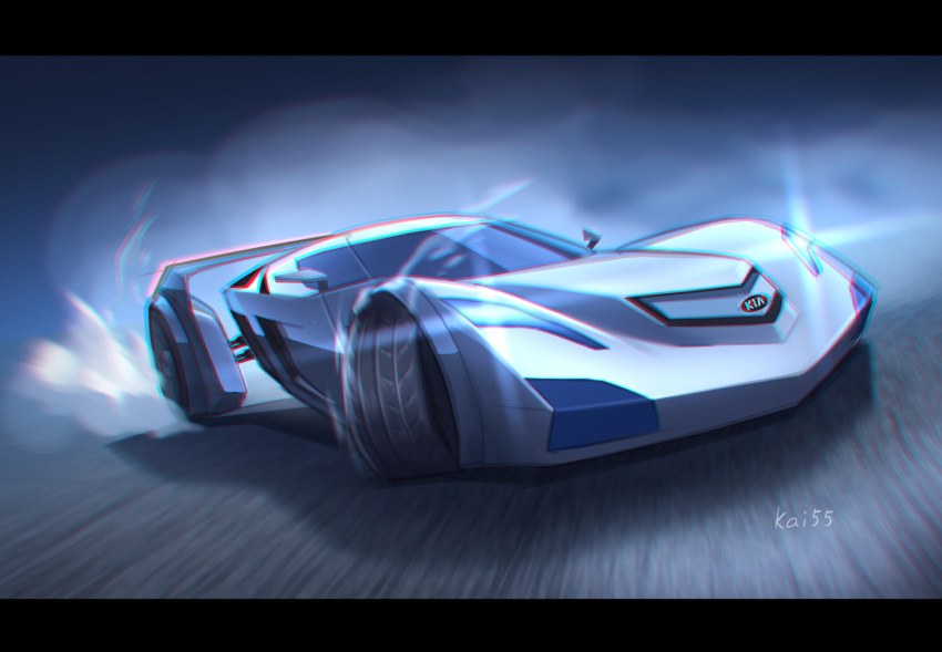 artist_name car chromatic_aberration drifting ground_vehicle headlight kai55 kia_(company) kia_sidewinder logo motion_blur motor_vehicle no_humans original smoke solo vehicle_focus