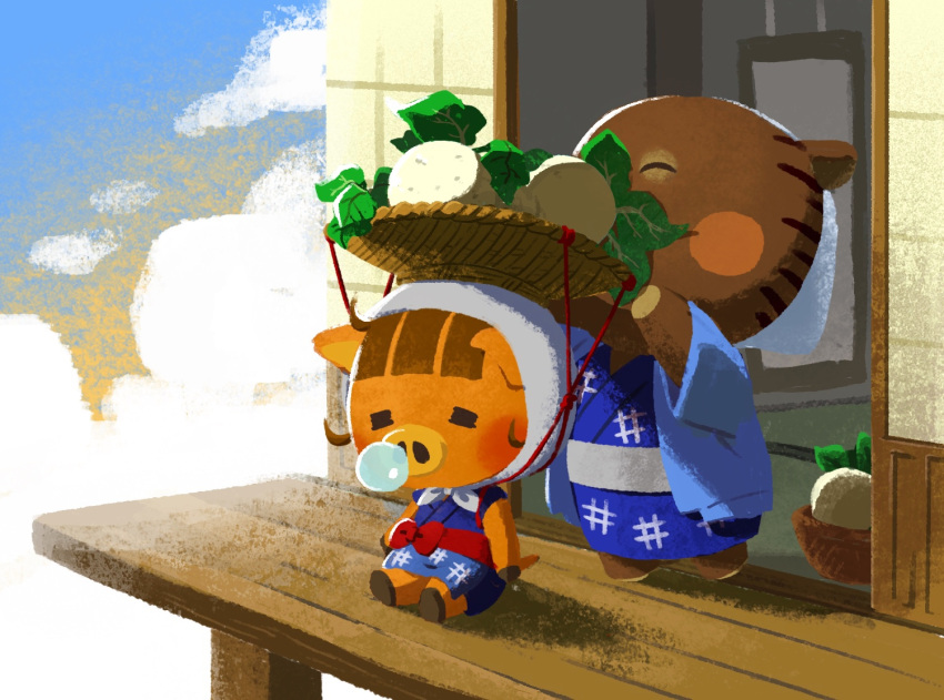 2girls ^_^ adjusting_clothes adjusting_headwear animal_crossing animal_ears basket blue_kimono blush_stickers bow brown_hair closed_eyes clouds cloudy_sky commentary_request daisy_mae_(animal_crossing) day food food_on_head furry grandmother_and_granddaughter grey_sash haori head_scarf iroidori4422 japanese_clothes joan_(animal_crossing) kimono long_sleeves multiple_girls nose_bubble object_on_head pig_ears red_bow red_sash sash shadow short_hair short_sleeves sitting sky sleeping standing turnip white_headwear wide_sleeves
