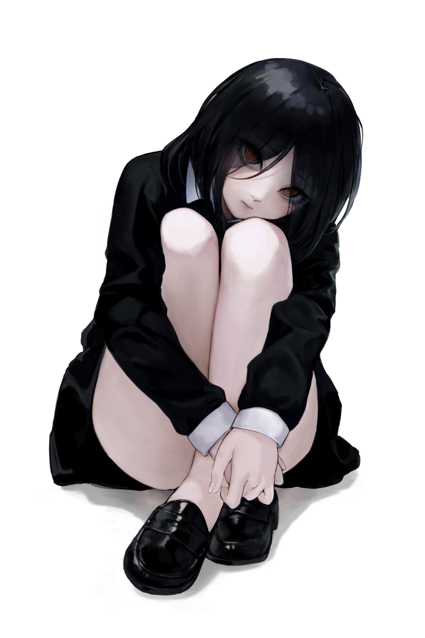 1girl @_@ absurdres black_footwear black_hair chainsaw_man character_request closed_mouth egk513 eyebrows_visible_through_hair eyes_visible_through_hair fingernails highres long_hair looking_at_viewer red_eyes simple_background sitting solo white_background
