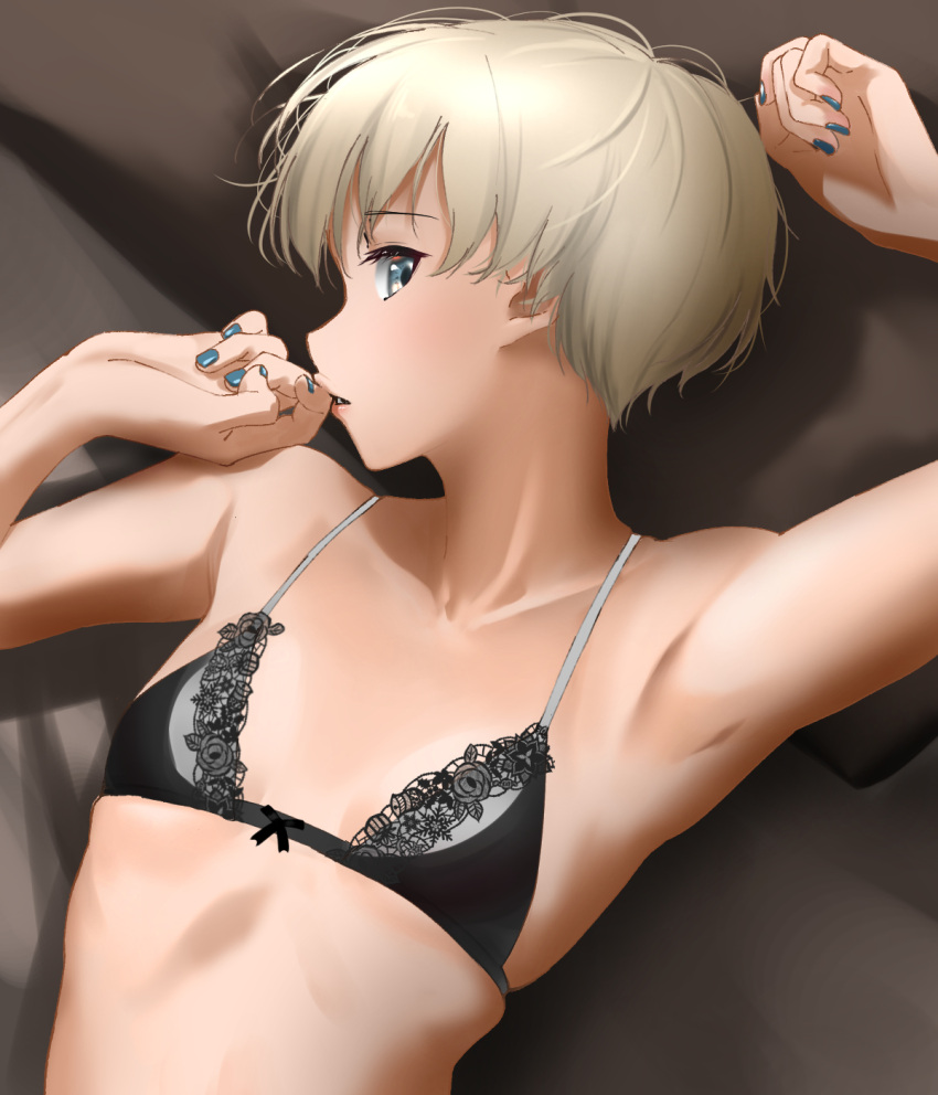 1girl arm_up armpits arms_up bare_arms bare_shoulders black_bra blue_eyes blue_nails bra breasts collarbone commentary_request eyebrows_visible_through_hair fingernails flat_chest highres jewelry kantai_collection lace-trimmed_bra lace_trim lips looking_at_viewer lying nail_polish on_back parted_lips short_hair solo tama_(seiga46239239) underwear upper_body yellow_nails z1_leberecht_maass_(kantai_collection)