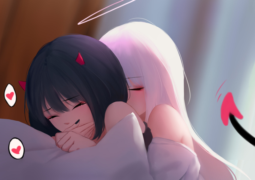 2girls angel_and_devil bangs bare_shoulders black_hair black_shirt blue_eyes blurry blurry_background blush closed_eyes covering_mouth demon_tail dress eyebrows_visible_through_hair hand_over_own_mouth heart highres horns hug hug_from_behind kiss long_hair lying lying_on_person multiple_girls off-shoulder_dress off_shoulder on_stomach original shimmer shirt short_hair simple_background spoken_heart tail yuri