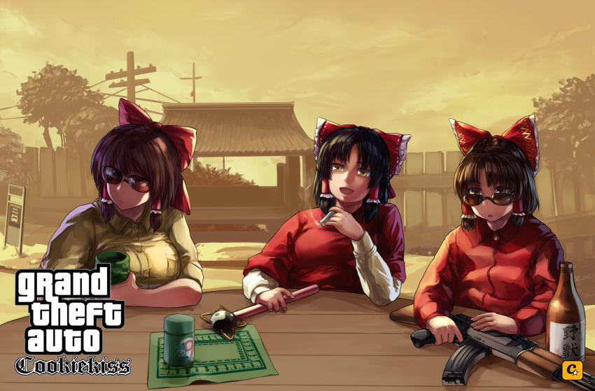 3girls ak-47 assault_rifle bangs benikurage_(cookie) black_hair bottle bow brown_eyes brown_hair bus_stop bus_stop_sign cigarette cirno cirno_(cookie) closed_mouth clouds collared_shirt commentary_request cookie_(touhou) cup fence frilled_bow frills grand_theft_auto grand_theft_auto:_san_andreas gun hair_bow hair_tubes hakurei_reimu highres holding holding_gun holding_weapon looking_at_viewer looking_to_the_side medium_hair megafaiarou_(talonflame_810) multiple_girls open_mouth red_bow red_eyes red_shirt reu_(cookie) rifle sake_bottle sananana_(cookie) shirt short_hair sitting sky smoking sunglasses t-shirt table touhou upper_body utility_pole wand weapon yellow_shirt yellow_sky yin_yang yunomi