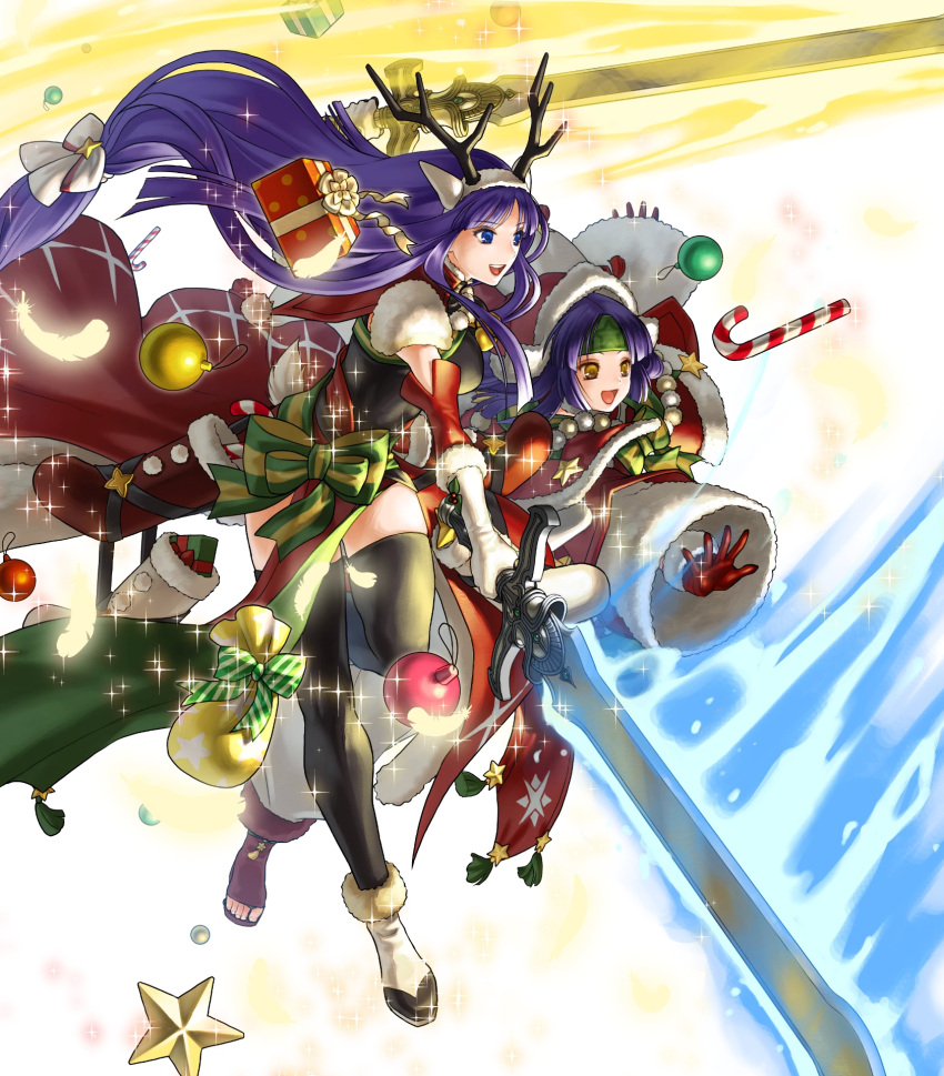 2girls altina animal_ears antlers bangs bell black_legwear blue_eyes blue_hair box breasts candy candy_cane capelet christmas_ornaments closed_mouth deer_ears fake_animal_ears feathers fire_emblem fire_emblem:_radiant_dawn fire_emblem_heroes food fur_trim gift gift_box gloves glowing glowing_weapon hair_ornament hat headband highres holding holding_sword holding_weapon kita_senri leg_up long_hair looking_away low-tied_long_hair medium_breasts multiple_girls official_art open_mouth open_toe_shoes pom_pom_(clothes) purple_hair red_gloves reindeer_antlers sanaki_kirsch_altina santa_hat smile sparkle star_(symbol) sword thigh-highs tied_hair transparent_background weapon white_footwear white_gloves wide_sleeves yellow_eyes