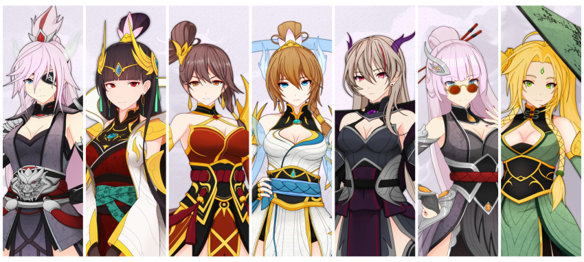 6+girls absurdres alternate_costume aqua_ribbon asymmetrical_sleeves azur_lane bare_shoulders belt black_belt black_collar black_eyepatch black_gloves blonde_hair blue_eyes blue_nails braid breasts brown_hair chinese_clothes cleavage_cutout clothing_cutout collar detached_sleeves dragon dress earrings eastern_dragon erik_enrile eyebrows_visible_through_hair eyepatch facial_mark fingerless_gloves forehead_mark glasses gloves gneisenau_(azur_lane) green_eyes hair_between_eyes hair_ornament highres hime_cut hornet_(azur_lane) japanese_clothes jean_bart_(azur_lane) jewelry kimono light_brown_hair long_hair medium_breasts multiple_girls orange_eyes pelvic_curtain pink_eyes pink_hair ponytail red_belt red_eyes red_kimono red_nails repulse_(azur_lane) ribbon scharnhorst_(azur_lane) see-through strapless strapless_dress twin_braids very_long_hair yat_sen_(azur_lane) zuikaku_(azur_lane)