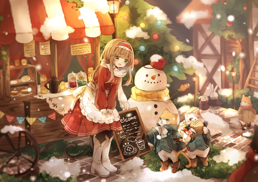 1girl absurdres apron boots brown_hair cat christmas_tree dress green_eyes hairband highres long_hair original outdoors red_dress scarf shop sidelocks snow snowman solo tukimisou0225 white_apron white_footwear white_scarf winter