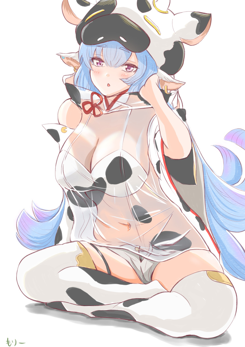 1girl absurdres animal_ears animal_print bangs bare_shoulders bikini blue_hair blush breasts cow_ears cow_girl cow_hat cow_horns cow_print detached_sleeves draph ear_piercing granblue_fantasy hat highleg highleg_bikini highres horns huge_filesize indian_style jitome large_breasts long_hair looking_at_viewer micro_shorts navel open_mouth piercing pointy_ears shatola_(granblue_fantasy) sheer_clothes short_shorts shorts sitting swimsuit thigh-highs thighs very_long_hair violet_eyes white_bikini white_shorts wide_sleeves yutayara