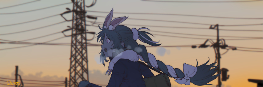 1girl animal_ear_fluff animal_ears blue_hair blurry blurry_background blush braid coat dated don-chan_(usada_pekora) evening from_side gloves hair_ribbon highres hololive long_hair long_sleeves multicolored_hair open_mouth power_lines rabbit_ears rabbit_girl ressanpanda ribbon round_teeth running scarf signature smile solo teeth thick_eyebrows twilight twin_braids two-tone_hair usada_pekora virtual_youtuber white_hair white_ribbon