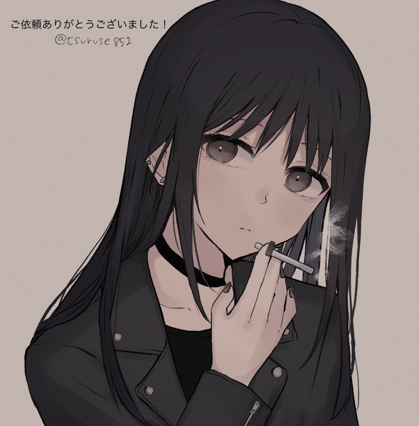 1girl bangs between_fingers black_choker black_hair black_jacket black_nails black_shirt brown_background brown_eyes choker cigarette closed_mouth commentary_request eyebrows_behind_hair hand_up highres holding holding_cigarette jacket long_hair looking_at_viewer nail_polish original shirt simple_background smoke smoking solo translation_request tsuruse twitter_username upper_body