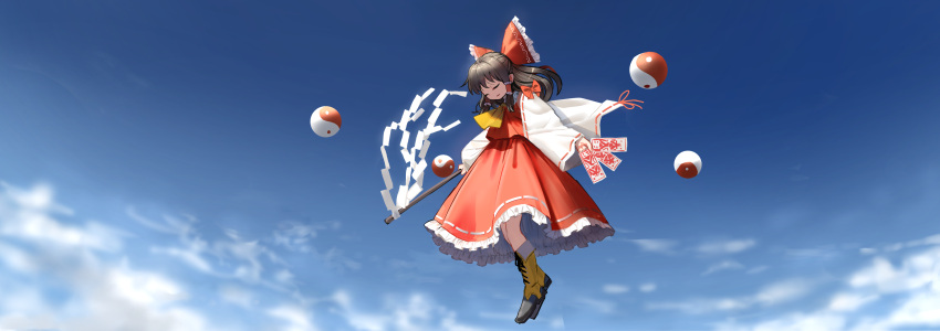 above_clouds absurdres alternate_footwear ascot bangs blue_sky boots bow brown_hair closed_eyes clouds commentary cross-laced_footwear detached_sleeves facing_down floating floating_hair frilled_bow frilled_shirt_collar frilled_skirt frills gohei hair_bow hair_tubes hakurei_reimu half_updo highres holding knee_boots lace-up_boots long_image long_skirt medium_hair ofuda open_mouth orb red_bow red_ribbon red_shirt ribbon ribbon-trimmed_shirt ribbon-trimmed_skirt ribbon-trimmed_sleeves ribbon_trim shide shirt sidelocks skirt skirt_set sky sleeveless sleeveless_shirt suna_(s73d) touhou white_ribbon wide_shot wide_sleeves yellow_footwear yellow_neckwear yin_yang yin_yang_orb
