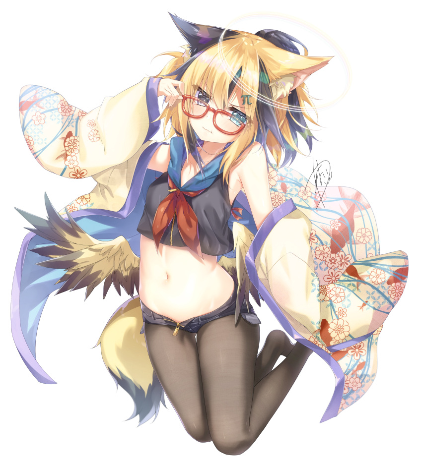 1girl :t absurdres amatsuji animal_ear_fluff animal_ears arm_up armpits bare_shoulders black_eyes black_shirt black_shorts blonde_hair blue_eyes breasts brown_legwear closed_mouth crop_top crop_top_overhang denim denim_shorts exposed_pocket feathered_wings fox_ears fox_girl fox_tail frown glasses hair_ornament hairclip hand_on_eyewear haori heterochromia highres japanese_clothes legs_up long_sleeves looking_at_viewer looking_over_eyewear low_wings micro_shorts midriff multicolored_hair navel neckerchief no_shoes off_shoulder open_clothes open_fly original pantyhose ponytail pout red-framed_eyewear sailor_collar sailor_shirt shirt short_hair shorts simple_background sleeveless sleeveless_shirt small_breasts solo stomach tail two-tone_hair v-shaped_eyebrows white_background wide_sleeves wings