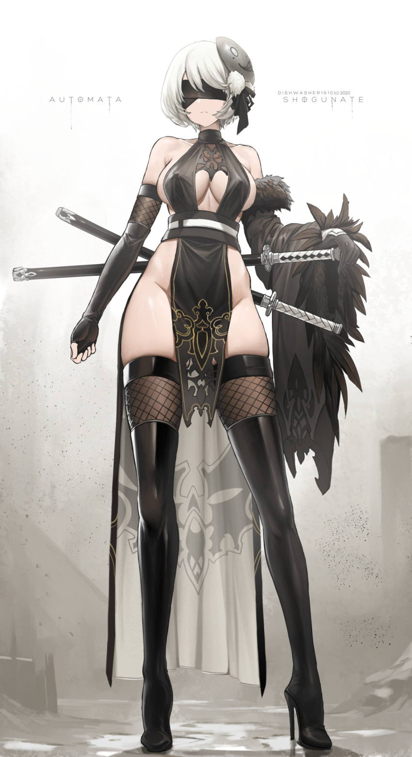 1girl artist_name bangs bare_shoulders black_blindfold black_footwear black_gloves blindfold boots breasts closed_mouth clothing_cutout commentary copyright_name covered_eyes covered_nipples dishwasher1910 elbow_gloves english_commentary fingerless_gloves full_body fur_trim gloves groin high_heel_boots high_heels highres large_breasts long_legs mask mask_on_head nier_(series) nier_automata no_bra no_panties pelvic_curtain short_hair solo standing sweat thigh-highs thigh_boots thighs white_hair yorha_no._2_type_b