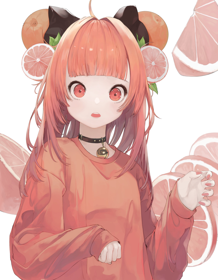 1girl :o absurdres bangs bell bell_collar black_bow blunt_bangs bow claw_pose clenched_hand collar food_themed_hair_ornament grapefruit hair_bow hair_ornament highres mile_(mil2) open_hand open_mouth orange_eyes orange_hair orange_sweater original paw_pose sleeves_past_wrists solo sweater