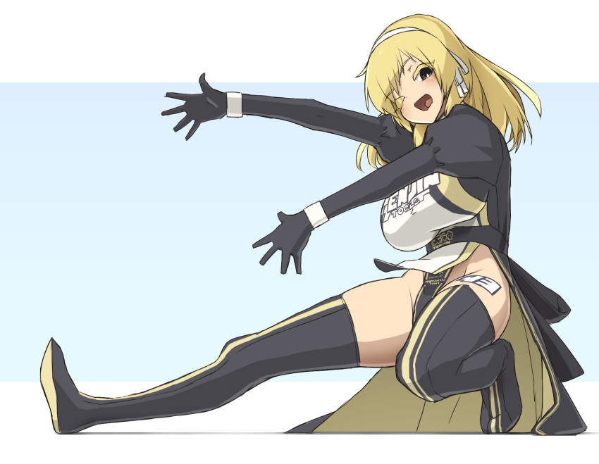 1girl bangs black_gloves blonde_hair blush boots breasts eyebrows_visible_through_hair floating_hair gloves hairband highres kyono_kiara large_breasts leotard looking_at_viewer medium_hair one_eye_closed open_hands open_mouth original presenting solo squatting thigh-highs thigh_boots white_hairband xyv_1