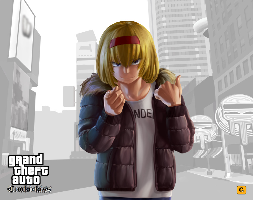 1girl alice_margatroid alternate_costume bangs black_jacket blue_pants building city closed_mouth clothes_writing collarbone commentary_request cookie_(touhou) eyebrows_visible_through_hair fur-trimmed_jacket fur_trim grand_theft_auto grand_theft_auto:_san_andreas grey_background hair_between_eyes highres jacket lamppost long_sleeves looking_at_viewer megafaiarou_(talonflame_810) pants pointing pointing_at_viewer shirt short_hair skyscraper solo standing t-shirt taisa_(cookie) touhou upper_body violet_eyes white_shirt