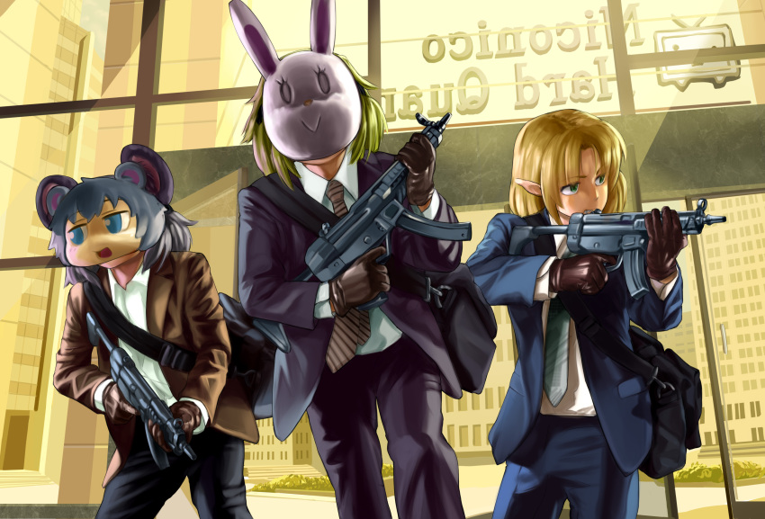 3girls :&gt; alice_margatroid alternate_costume animal_ears bangs black_bag black_pants blazer blonde_hair blue_eyes blue_jacket blue_pants brown_gloves brown_jacket brown_neckwear bunny_mask city closed_mouth collared_shirt commentary_request cookie_(touhou) cowboy_shot door eyebrows_visible_through_hair eyes_visible_through_hair fake_nyon_(cookie) glass gloves grand_theft_auto grand_theft_auto:_san_andreas green_eyes green_neckwear grey_hair gun h&amp;k_mp5 highres holding holding_gun holding_weapon ichigo_(cookie) jacket joker_(cookie) long_sleeves looking_to_the_side mask megafaiarou_(talonflame_810) mizuhashi_parsee mouse_ears multiple_girls nazrin necktie niconico nyon_(cookie) pants payday_(series) payday_2 pointy_ears robbery shirt shirt_tucked_in short_hair standing striped striped_neckwear submachine_gun terebi-chan touhou weapon white_shirt