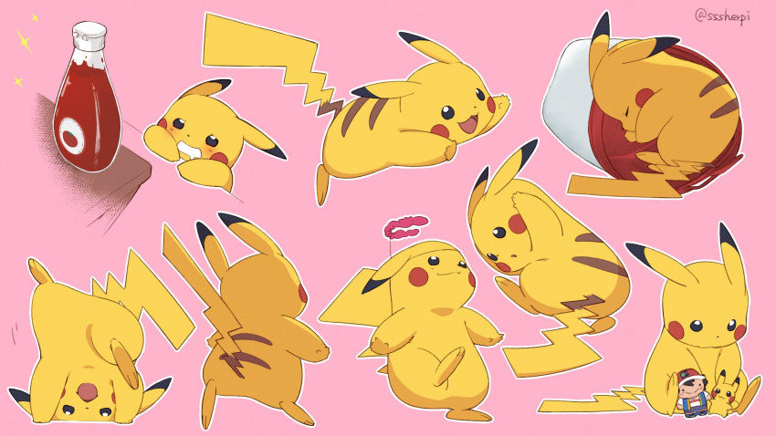 ash_ketchum character_doll closed_mouth commentary dynamax gen_1_pokemon headstand highres ketchup ketchup_bottle lying mouth_drool no_humans on_side open_mouth outline paws pikachu pink_background pokemon pokemon_(creature) shi_erupi sleeping smile toes tongue