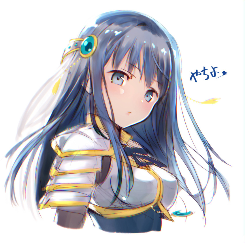 1girl arm_at_side armor bangs blue_eyes blue_hair blue_neckwear blue_ribbon blunt_bangs breasts close-up closed_mouth cropped_torso dot_nose expressionless eyebrows_visible_through_hair floating_hair hair_ornament head_tilt high_collar highres hime_cut jitome light_blush looking_at_viewer magia_record:_mahou_shoujo_madoka_magica_gaiden mahou_shoujo_madoka_magica medium_breasts nanami_yachiyo ribbon sasagi_koushi shiny shiny_hair shoulder_armor simple_background solo soul_gem spaulders straight_hair tassel upper_body white_background