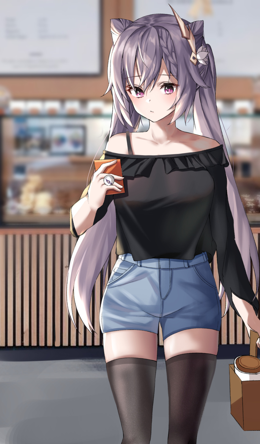 1girl absurdres bag black_legwear blouse breasts cafe casual double_bun frills genshin_impact hair_bun hair_ornament half-closed_eyes highres keqing_(genshin_impact) long_sleeves pengrani phone purple_hair shopping_bag shorts standing thigh-highs thighs twintails violet_eyes