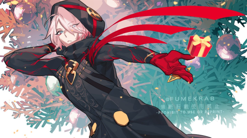 1boy ahoge black_coat close-up coat colored_skin expressionless eyes_visible_through_hair eyeshadow fate/grand_order fate_(series) gloves green_eyes hair_over_one_eye hood hood_up karna_(santa)_(fate) krab looking_at_viewer makeup male_focus open_hand pink_hair red_gloves short_hair solo tsurime upper_body white_skin