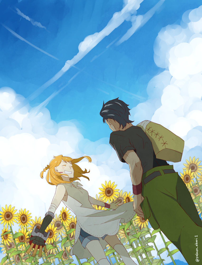 1boy 1girl absurdres black_gloves black_hair closed_eyes clouds day decadence_(anime) dress facing_another flower gloves green_pants highres kaburagi_(decadence) kneehighs medium_hair natsume_(decadence) outdoors pants prosthesis prosthetic_arm sack salmon_aburi1 shorts sunflower twitter_username white_dress white_legwear wristband