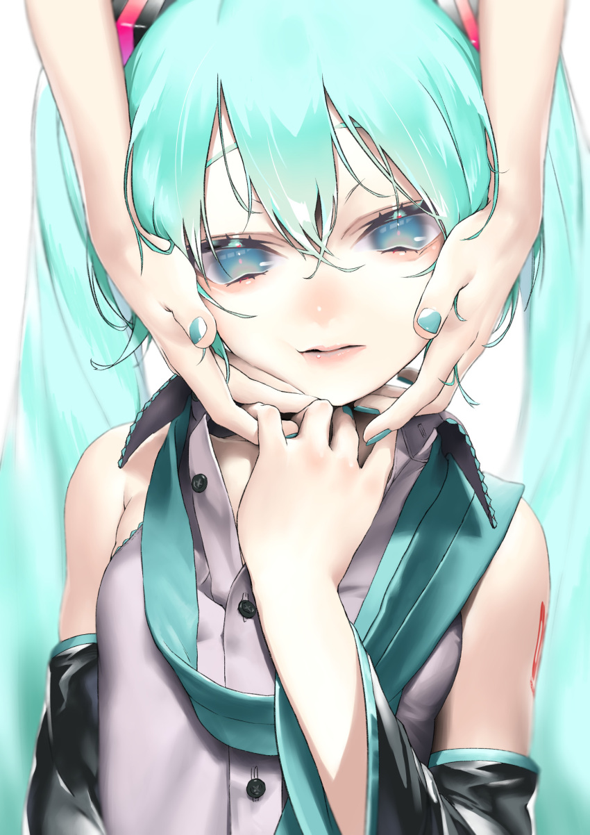 1girl aqua_eyes aqua_hair aqua_nails aqua_neckwear bare_shoulders black_sleeves blurry blurry_background blurry_eyes detached_sleeves grey_shirt hair_ornament hand_up hands hands_on_another's_cheeks hands_on_another's_face hatsune_miku highres lips long_hair looking_at_viewer nail_polish necktie out_of_frame rsk_(tbhono) shirt shoulder_tattoo tattoo twintails upper_body very_long_hair vocaloid white_background