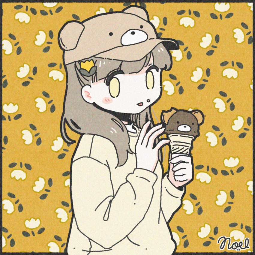 1girl baseball_cap bear brown_hair floral_background flower food food_bite food_on_face hair_flower hair_ornament hat highres holding holding_food ice_cream ice_cream_cone long_hair long_sleeves no_nose noeru_(noellemonade) original shirt signature solo upper_body yellow_background yellow_eyes yellow_flower yellow_shirt yellow_theme