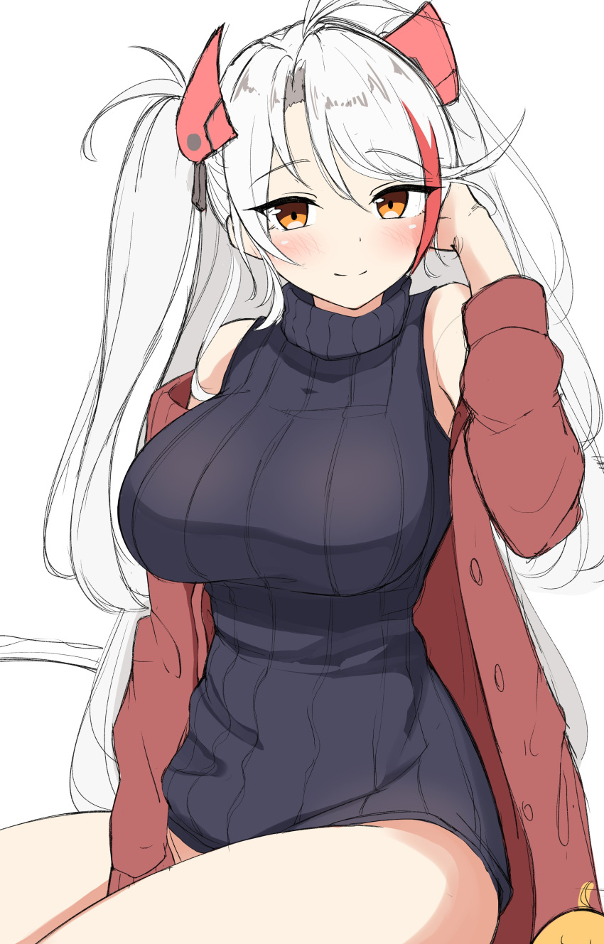 1girl absurdres azur_lane bangs black_sweater blush breasts brown_eyes brown_jacket closed_mouth commentary_request eyebrows_visible_through_hair hair_between_eyes hand_up headgear highres jacket large_breasts long_hair long_sleeves looking_at_viewer moyoron multicolored_hair off_shoulder open_clothes open_jacket parted_bangs prinz_eugen_(azur_lane) redhead simple_background sitting sleeveless sleeveless_sweater sleeveless_turtleneck smile solo streaked_hair sweater turtleneck turtleneck_sweater two_side_up very_long_hair white_background white_hair