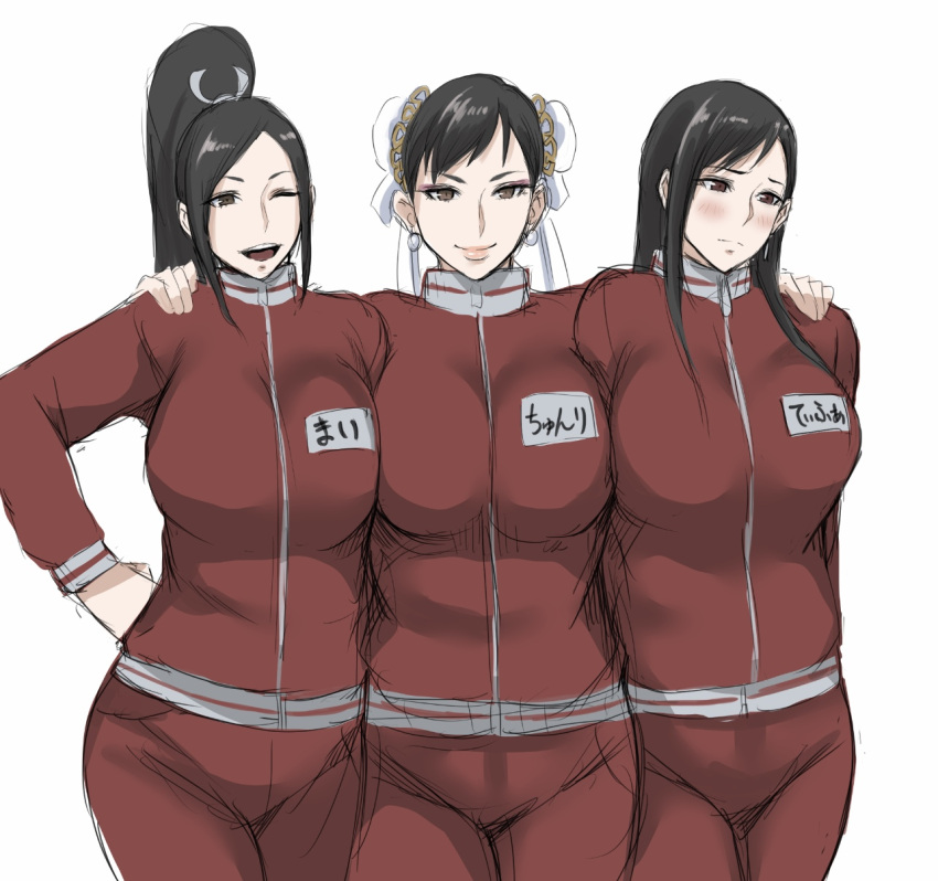 3girls alternate_costume blush breasts brown_eyes chun-li crossover earrings fatal_fury final_fantasy final_fantasy_vii gym_uniform hand_on_another's_shoulder hand_on_hip highres jacket jewelry large_breasts long_hair long_ponytail looking_down matching_outfit multiple_crossover multiple_girls one_eye_closed open_mouth pants shibusun shiranui_mai smile street_fighter sweatpants the_king_of_fighters tifa_lockhart track_jacket translation_request white_background