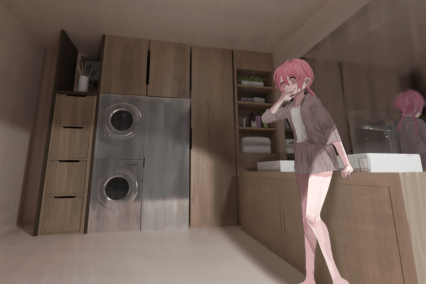 1girl absurdres bare_legs brown_shirt brown_skirt cabinet collared_shirt covering_mouth cup drawer eyebrows_visible_through_hair hair_between_eyes hand_up highres indoors long_hair long_sleeves original pink_eyes pink_hair reflection shelf shirt skirt solo standing twintails uotak white_shirt wide_shot