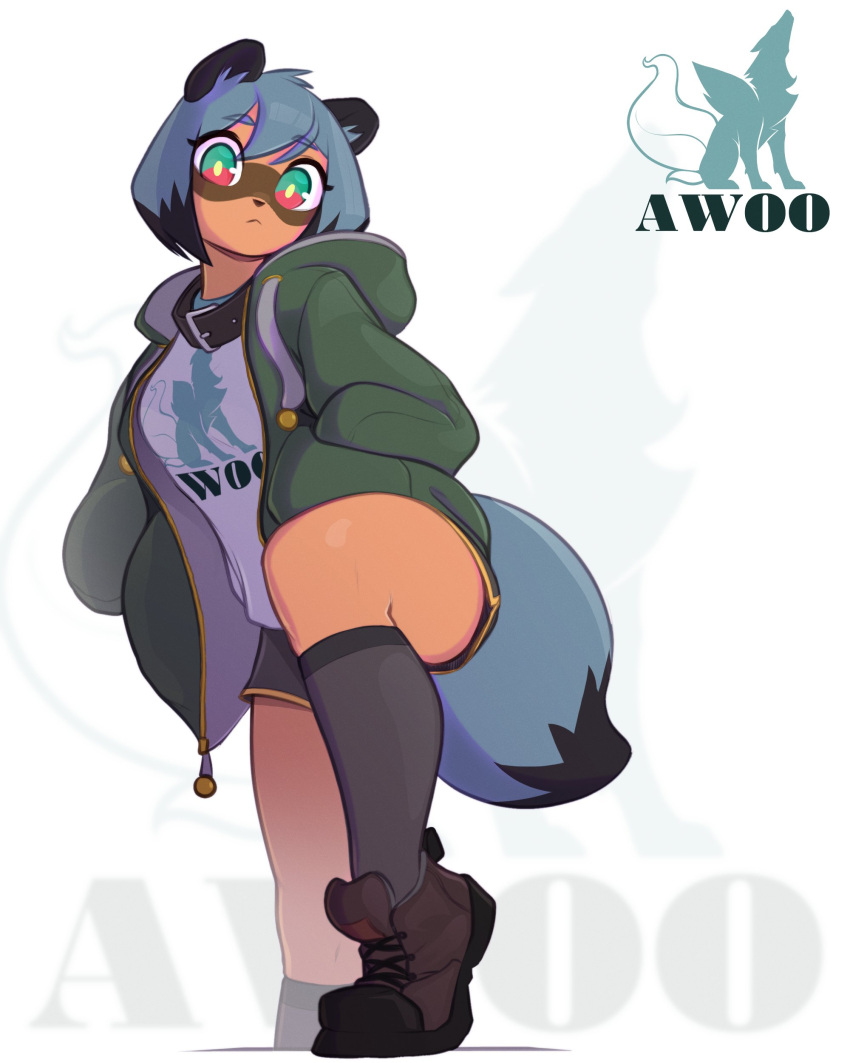 1girl absurdres animal_ears blue_hair boots brand_new_animal brown_footwear collar colored_tips cross-laced_footwear dark_skin dolphin_shorts eyebrows_visible_through_hair furry green_hoodie highres hood hoodie kagemori_michiru lace-up_boots looking_at_viewer multicolored multicolored_eyes multicolored_hair print_shirt pudgeruffian raccoon_ears raccoon_girl raccoon_tail shirt shoes short_hair shorts tail two-tone_hair