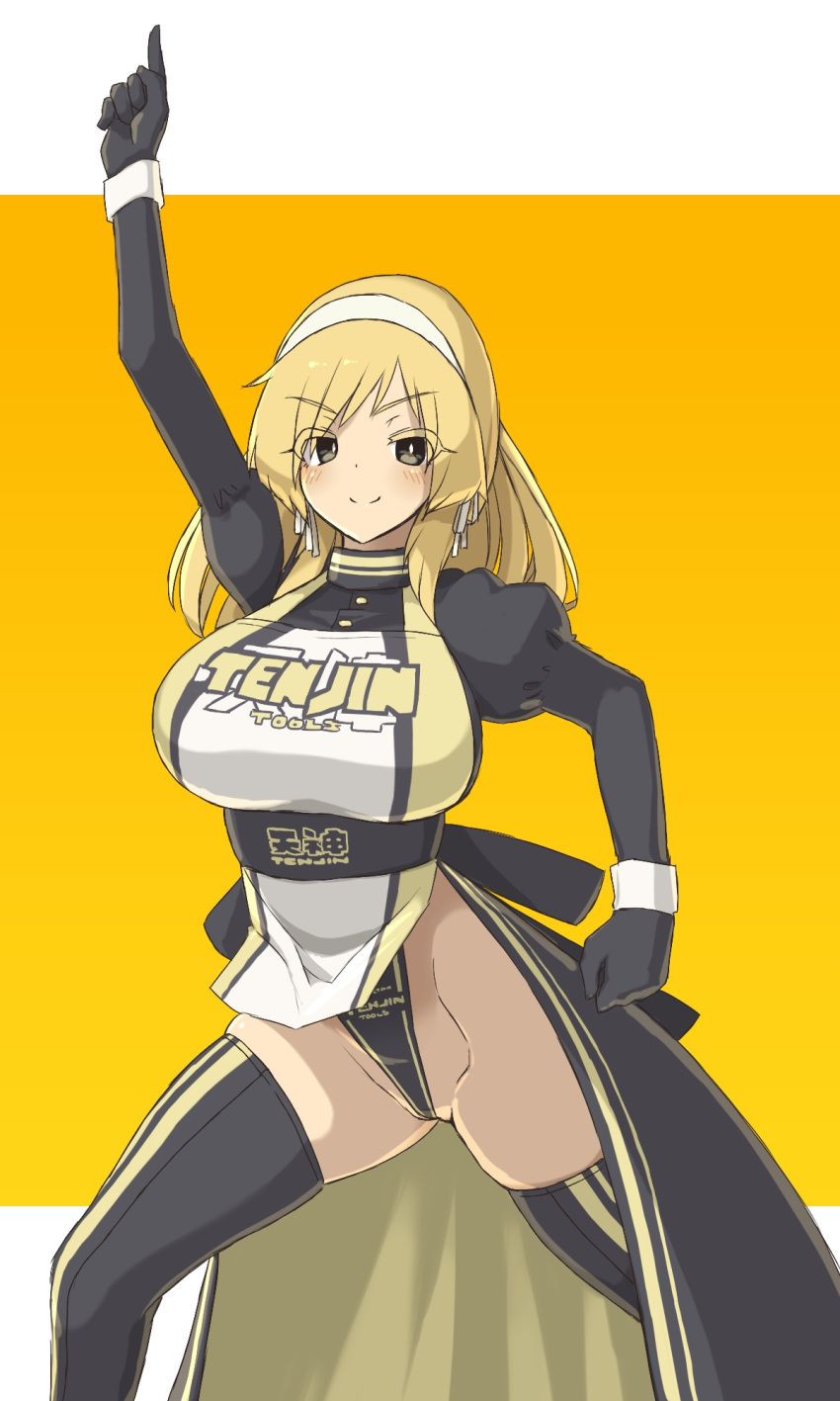 1girl bangs black_gloves blonde_hair blush breasts brown_eyes clenched_hand eyebrows_visible_through_hair gloves hairband highres kyono_kiara large_breasts leotard_under_clothes looking_at_viewer original parody pointing pointing_up saturday_night_fever skindentation smile solo thigh-highs v-shaped_eyebrows white_hairband xyv_1