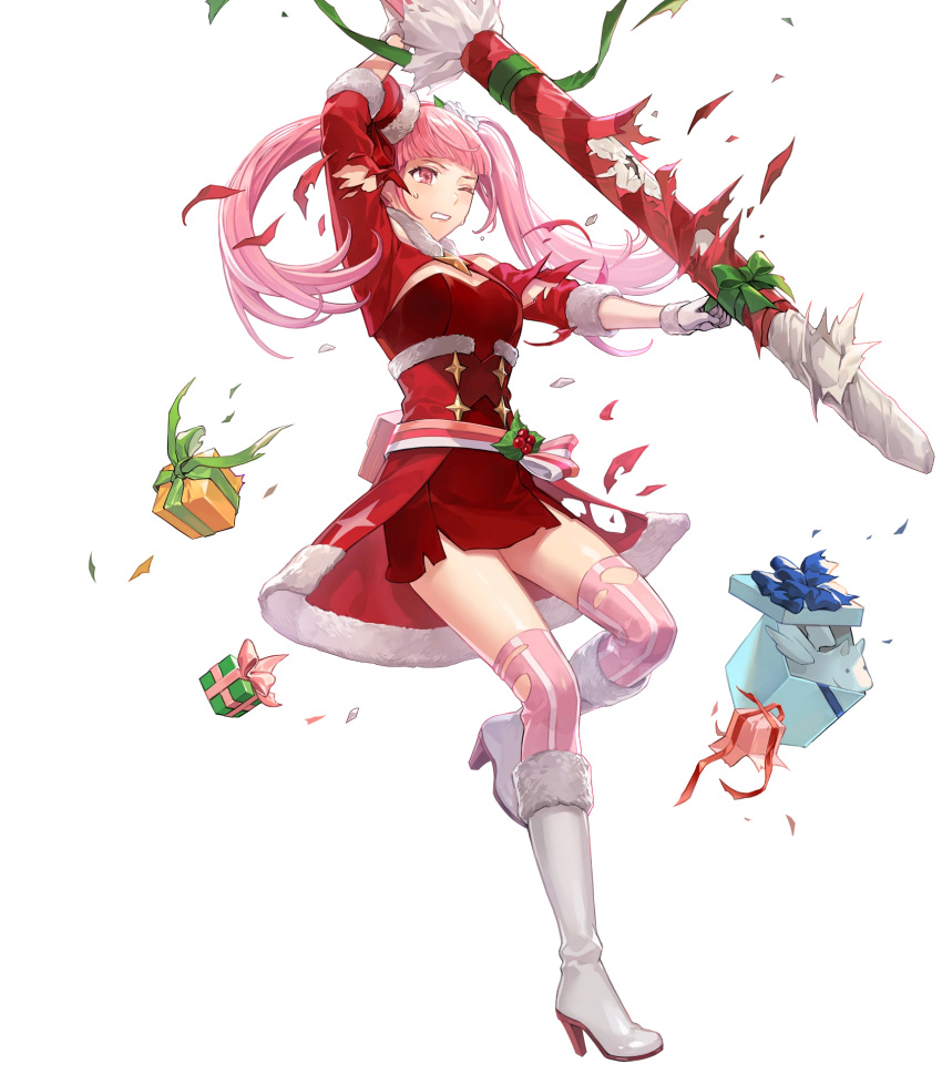 1girl bangs belt_pouch boots box breasts candy candy_cane clenched_teeth dress fire_emblem fire_emblem:_three_houses fire_emblem_heroes food fur_collar fur_trim gift gift_box gloves hair_ornament hairband hakou_(barasensou) high_heel_boots high_heels highres hilda_valentine_goneril holding leg_up long_hair looking_at_viewer looking_away medium_breasts official_art one_eye_closed open_mouth parted_lips pink_eyes pink_hair pouch red_dress shiny shiny_hair short_dress short_sleeves solo striped striped_legwear stuffed_toy sweat sweatdrop teeth thigh-highs tied_hair torn_clothes torn_dress torn_legwear transparent_background twintails vertical-striped_legwear vertical_stripes white_footwear white_gloves zettai_ryouiki