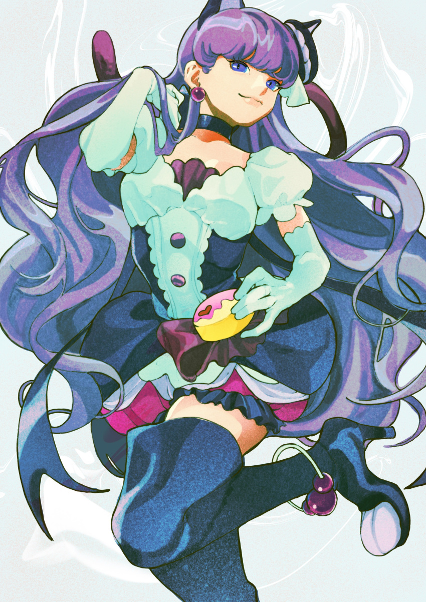 1girl absurdres animal_ears anklet big_hair boots cat_ears choker cure_macaron dress earrings elbow_gloves foot_out_of_frame gloves hand_up high_heel_boots high_heels highres jewelry kirakira_precure_a_la_mode kotozume_yukari leg_up long_hair looking_at_viewer precure puffy_short_sleeves puffy_sleeves short_sleeves smile solo thigh-highs thigh_boots very_long_hair weyify0jmdjfydg white_gloves zettai_ryouiki