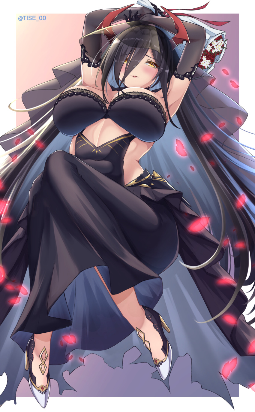 1girl absurdres arms_up azur_lane black_dress black_gloves black_hair black_veil bouquet breasts bridal_veil cutout_above_navel dress elbow_gloves flower friedrich_der_grosse_(azur_lane) friedrich_der_grosse_(zeremonie_of_the_cradle)_(azur_lane) full_body gloves high_heels highres holding holding_bouquet horn_ornament horns large_breasts long_dress mechanical_horns official_alternate_costume oserotto red_flower red_horns red_ribbon ribbon shoes solo veil white_footwear yellow_eyes