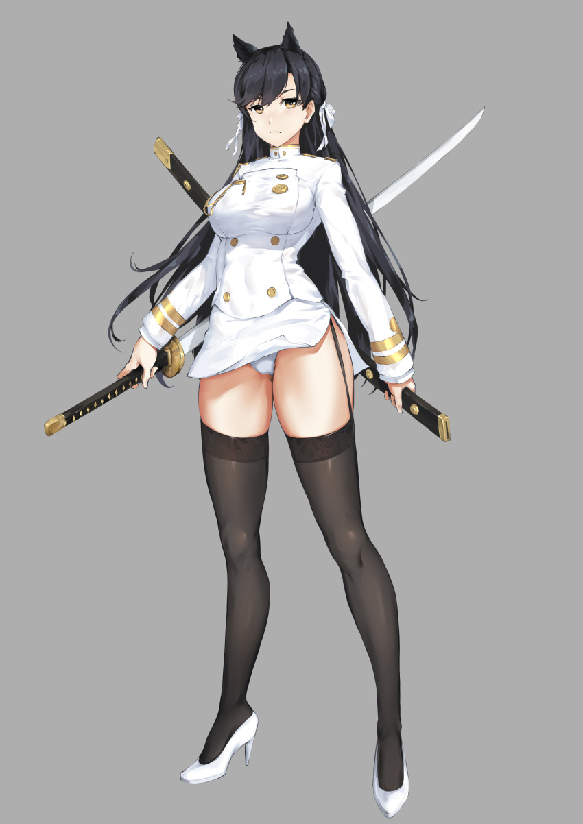 1girl absurdres animal_ears artist_request atago_(azur_lane) azur_lane black_hair breasts brown_legwear double-breasted full_body gloves grey_background high_heels highres holding holding_sheath holding_sword holding_weapon jacket katana large_breasts long_hair panties sheath shoes simple_background skirt solo sword thigh-highs thigh_strap underwear weapon white_footwear white_gloves white_jacket white_panties white_skirt yellow_eyes