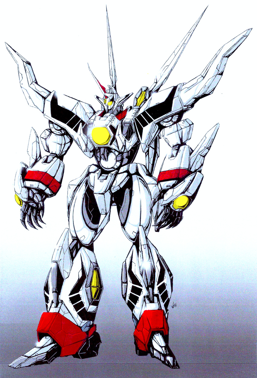 build_fighter colorized english_commentary glowing glowing_eye gradient gradient_background hades_project_zeorymer highres horns looking_ahead mecha no_humans one-eyed open_hands shiny single_horn standing super_robot vzmk2 yellow_eyes zeorymer