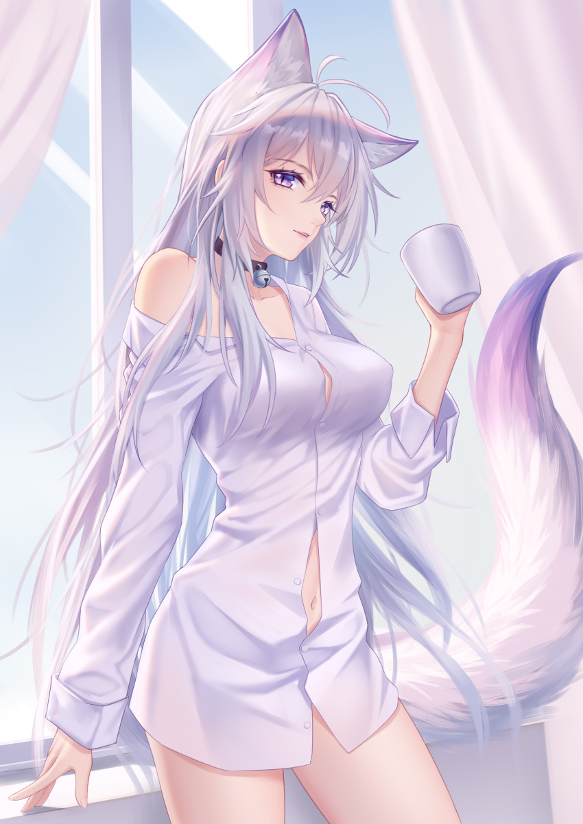 1girl absurdres animal_ears antenna_hair bangs bare_shoulders bell bell_choker black_choker breasts choker commentary_request cowboy_shot cup fox_ears fox_tail hair_between_eyes hand_up highres holding holding_cup kirby_d_a long_hair long_sleeves looking_at_viewer medium_breasts mug navel off_shoulder original parted_lips shirt silver_hair solo standing tail thighs very_long_hair violet_eyes white_shirt