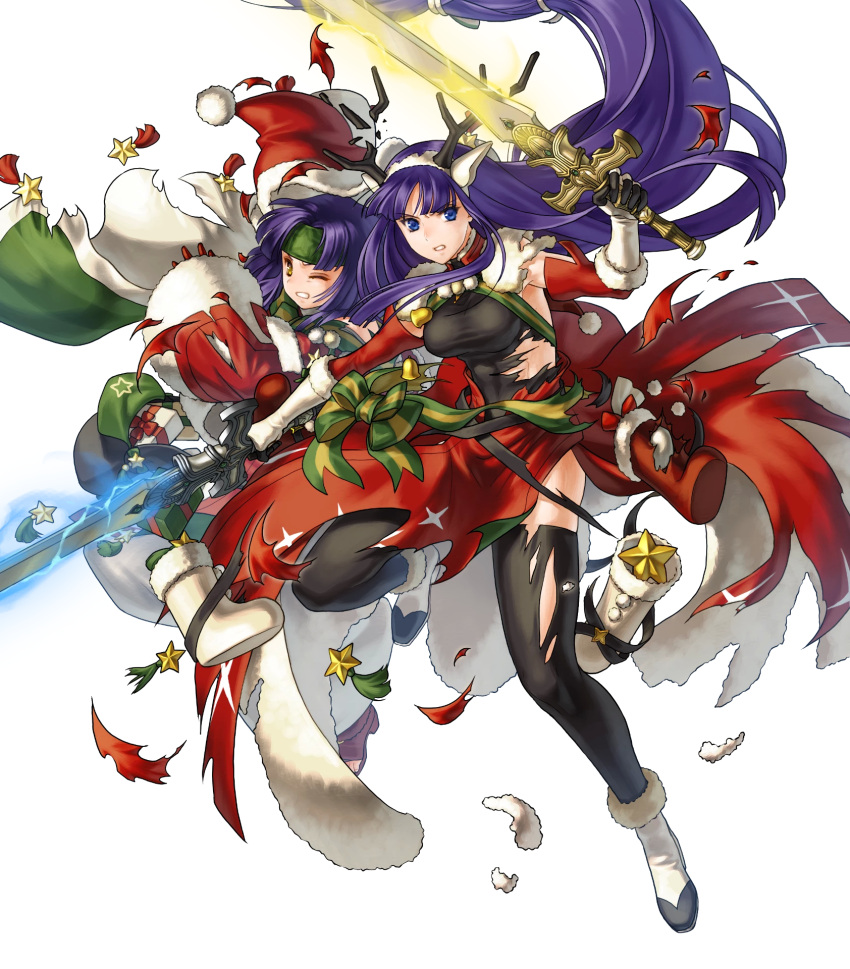 2girls altina animal_ears antlers bangs bell black_legwear blue_eyes blue_hair box breasts capelet clenched_teeth closed_mouth deer_ears fake_animal_ears fire_emblem fire_emblem:_radiant_dawn fire_emblem_heroes fur_trim gift gift_box gloves glowing glowing_weapon hair_ornament hat headband highres holding holding_sword holding_weapon kita_senri leg_up long_hair low-tied_long_hair medium_breasts multiple_girls official_art one_eye_closed parted_lips pom_pom_(clothes) purple_hair red_gloves reindeer_antlers sanaki_kirsch_altina santa_hat sword teeth thigh-highs tied_hair torn_clothes torn_legwear transparent_background weapon white_footwear white_gloves wide_sleeves yellow_eyes