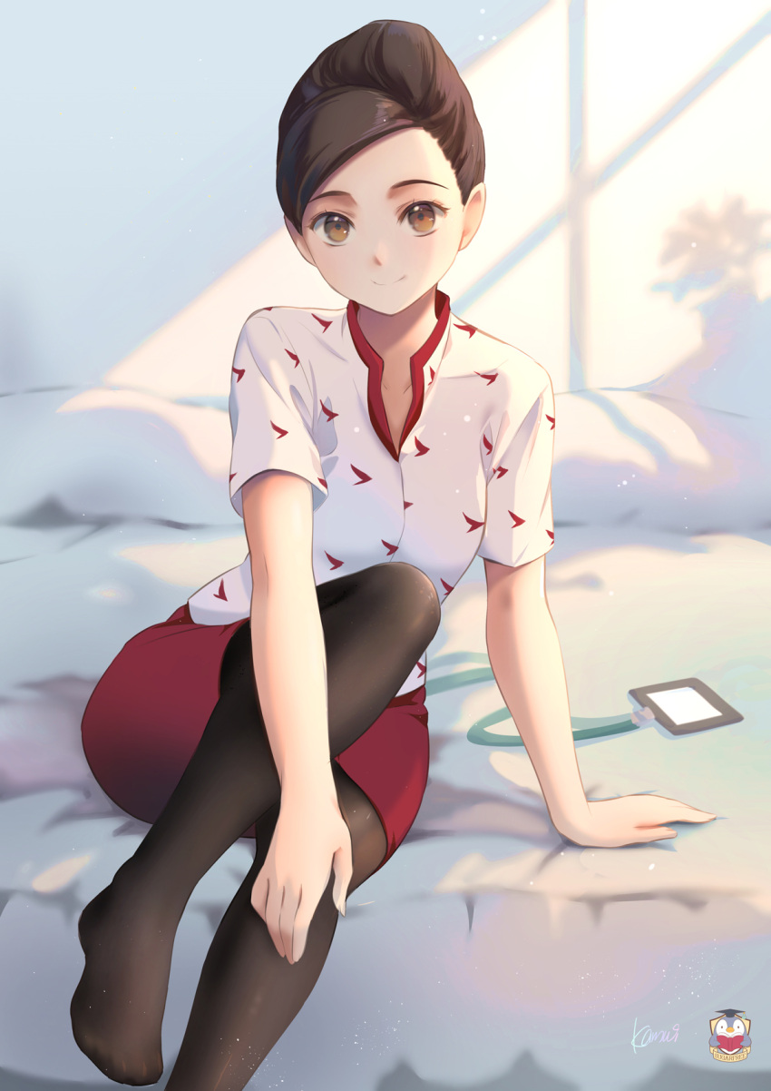 1girl arm_up black_legwear breasts brown_hair cathay_dragon cathay_pacific closed_mouth collarbone commentary ears eyebrows eyelashes flight_attendant foot_out_of_frame highres indoors kamui_(kamuikaoru) knee_up lanyard miniskirt nose on_bed original pillow plant red_skirt shadow shirt signature silhouette sitting sitting_on_bed skirt smile solo stewardess thigh-highs uniform white_shirt yellow_eyes