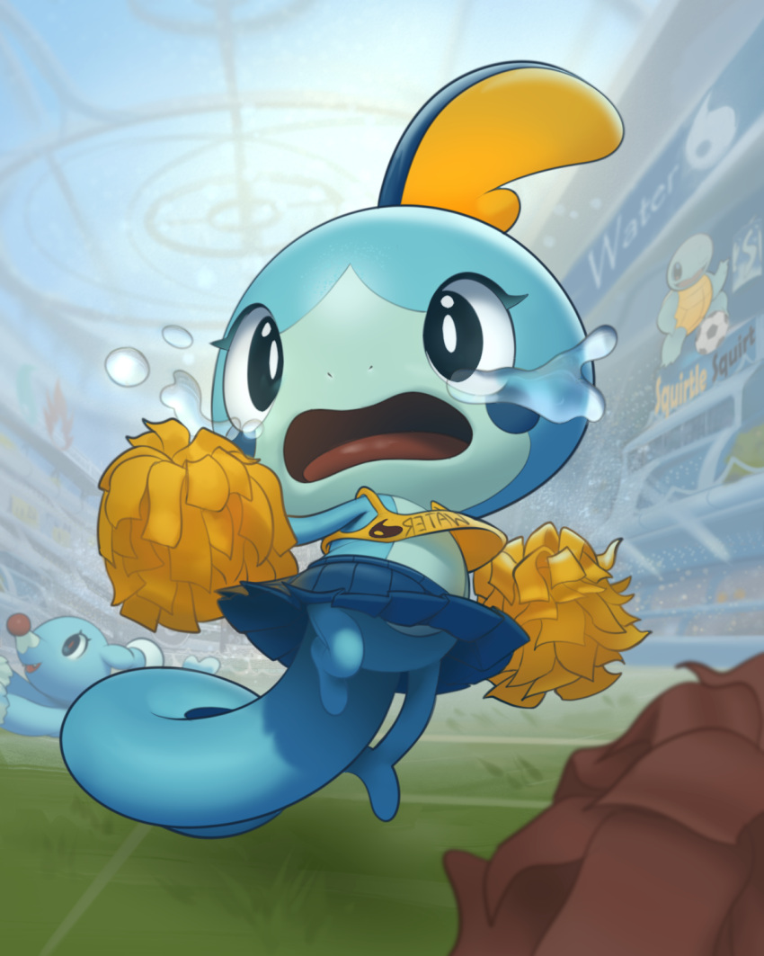 blue_skirt brionne cheerleader commentary_request crying from_below gen_1_pokemon gen_7_pokemon gen_8_pokemon grass highres holding holding_pom_poms inkune lizard looking_to_the_side open_mouth pleated_skirt pokemon pokemon_(creature) pom_poms skirt sobble soccer squirtle tears tongue