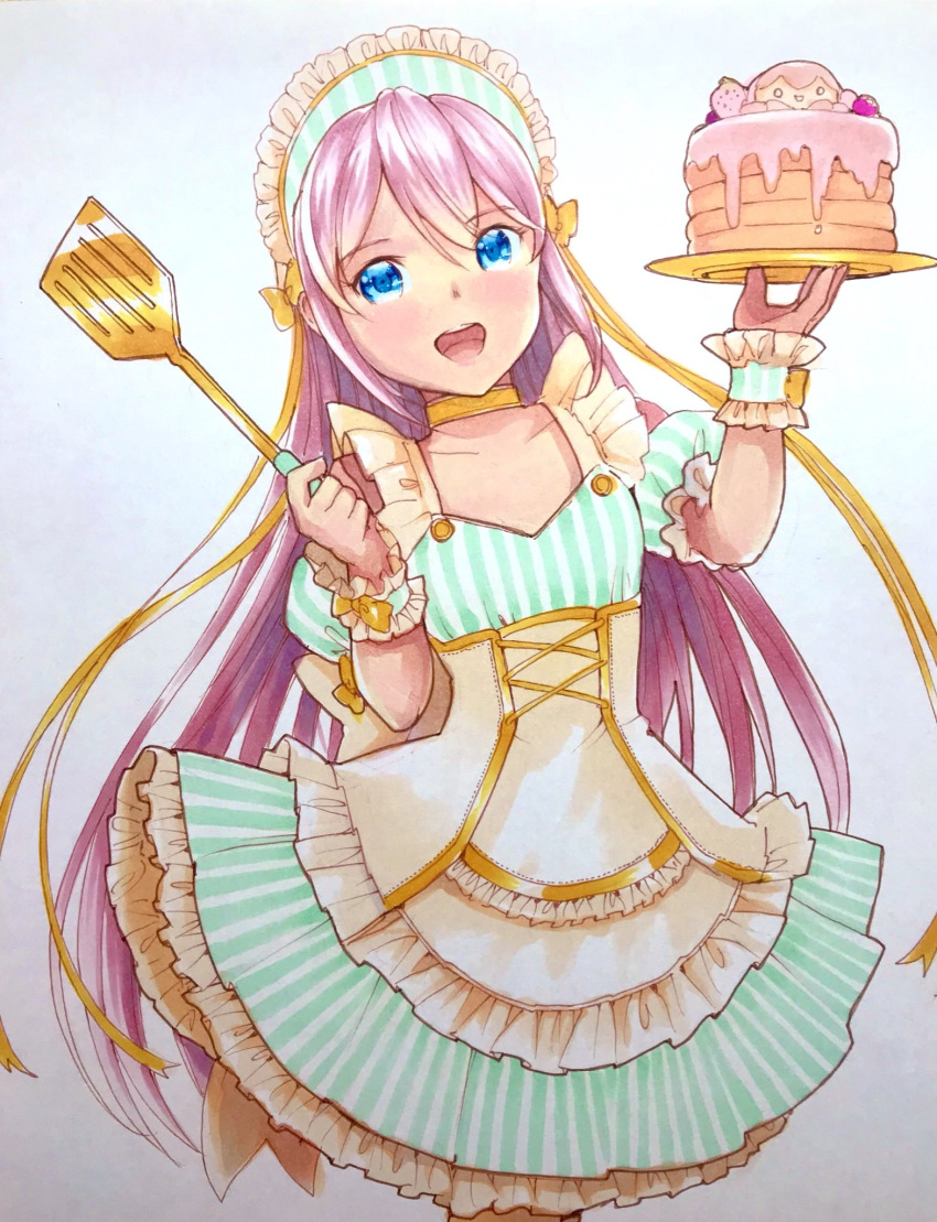 1girl blue_eyes cake commentary cowboy_shot dress food frilled_cuffs frilled_dress frills headdress highres holding holding_plate long_hair maid mayo_riyo megurine_luka open_mouth pink_hair plate puffy_short_sleeves puffy_sleeves short_sleeves smile solo spatula standing striped striped_dress takoluka traditional_media very_long_hair vocaloid white_background wrist_cuffs