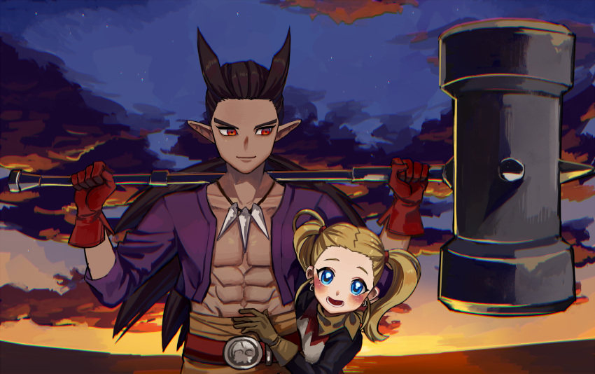 1boy 1girl black_hair blonde_hair blue_eyes closed_mouth dragon_quest dragon_quest_builders_2 dress earrings female_builder_(dqb2) gloves highres jewelry long_hair looking_at_viewer open_mouth pointy_ears purple_shirt red_eyes shirt shousan_(hno3syo) sidoh_(dqb2) smile spiky_hair twintails